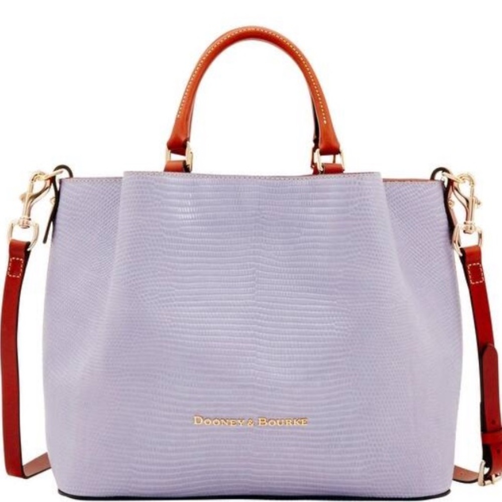 Dooney & Bourke Lavender Satchel with Brown Handles and Red Strap